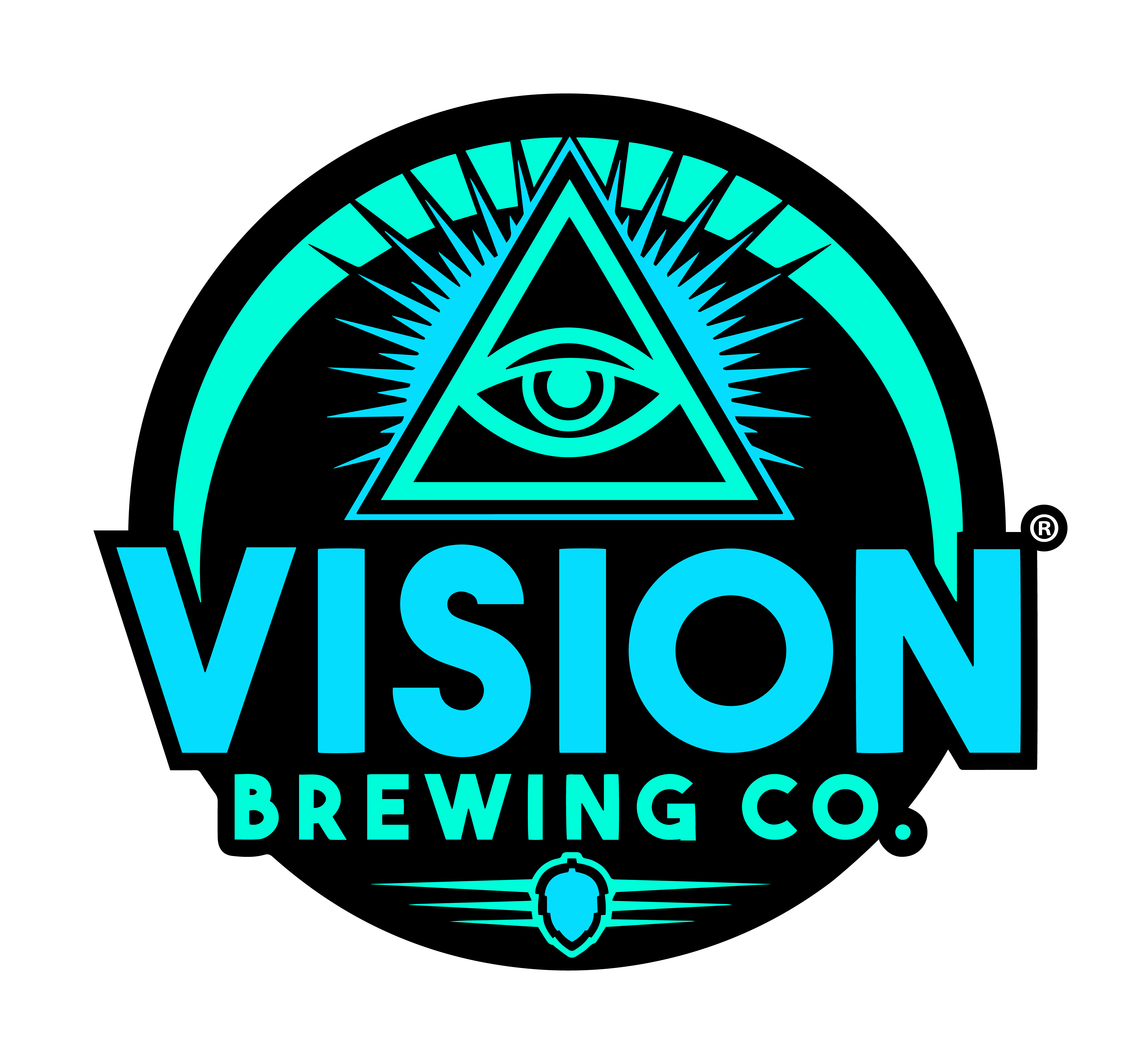 Vision Brewing Logo - World Class Beer and Cider - a circle behind the words VISION BREWING CO., a crescent, a starburst behind a triangle with an eye inside it, and a hop flower with decorative lines